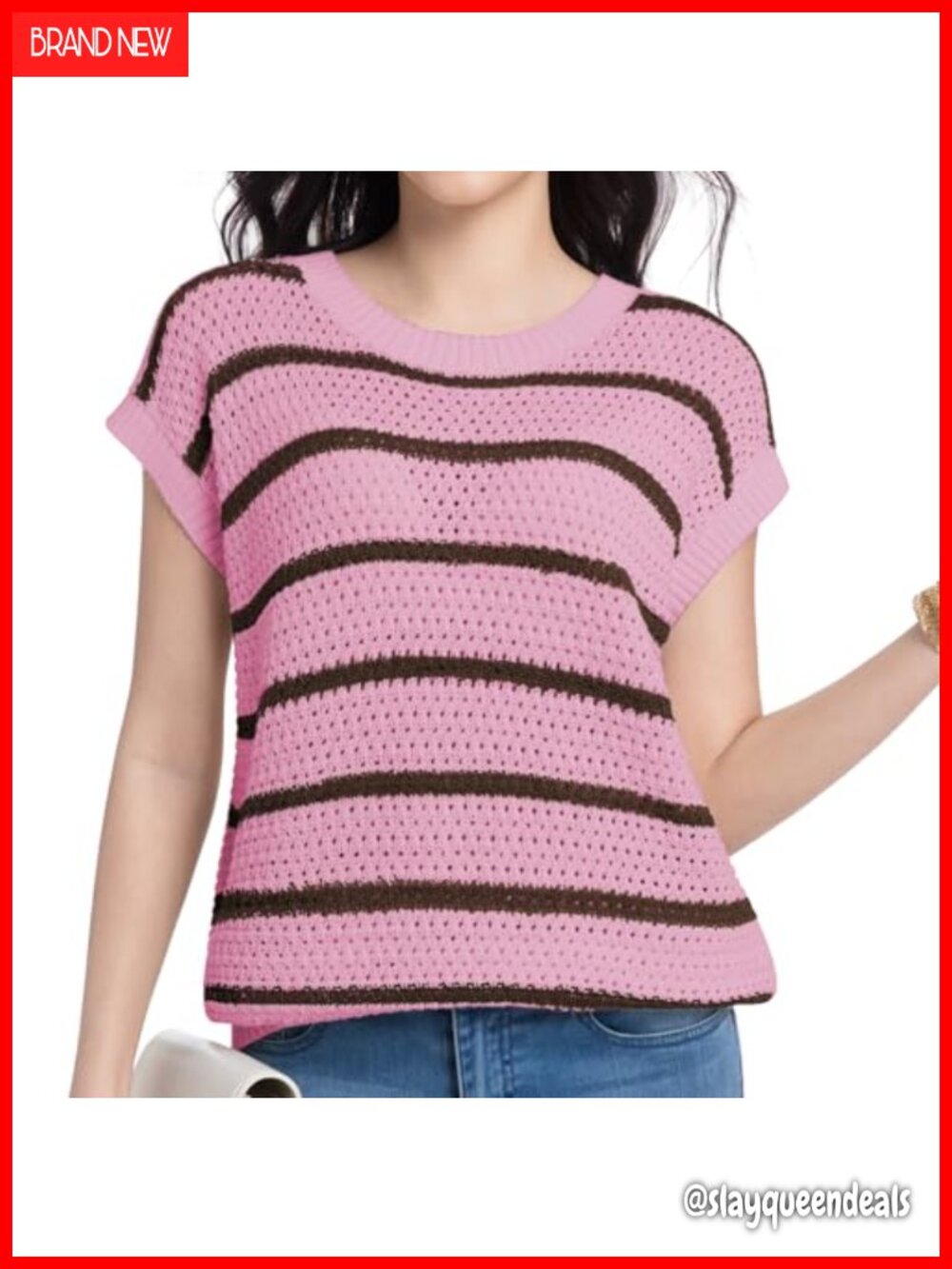 Womens Sweater Vest Round Neck Striped Short Sleeve Casual Trendy Spring Fall